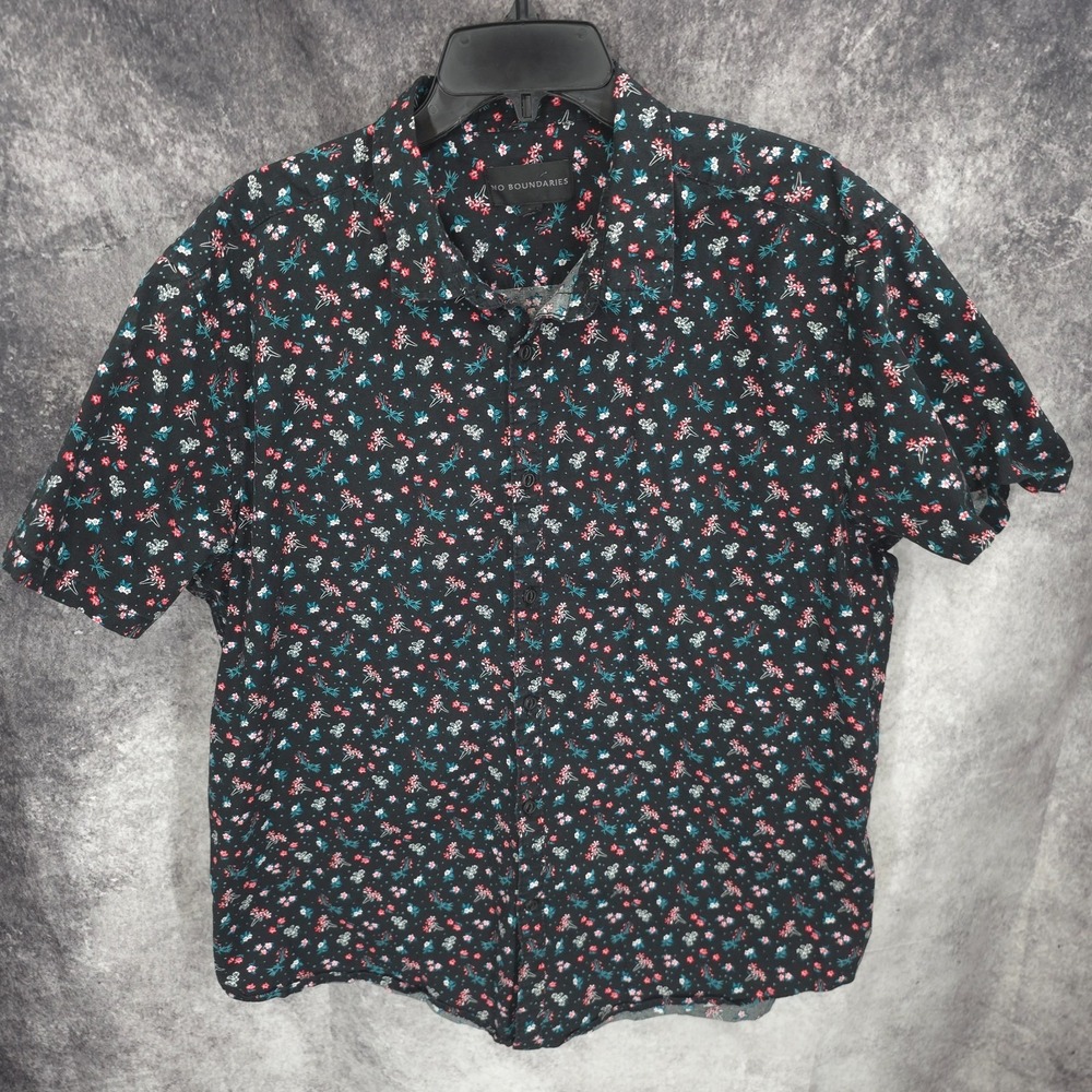No Boundaries Shirt Mens XL Black Button Up Floral Short‎ Sleeve